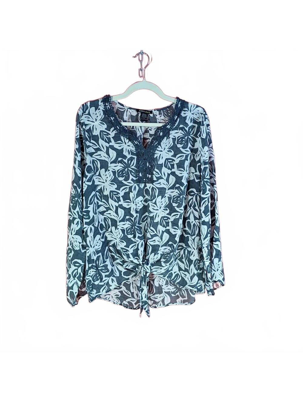 Robert Louis Gray & White Floral Print Long Sleeve Blouse Size L